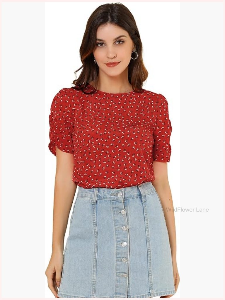 Womens Floral Crew Neck Shirred Short Sleeve Blouse Top